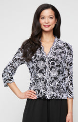 Plus 3/4 Sleeve Embroidered Blouse with Center Front Scallop Detail and Illusion Sleeves