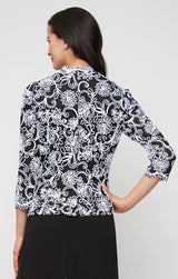 Plus 3/4 Sleeve Embroidered Blouse with Center Front Scallop Detail and Illusion Sleeves