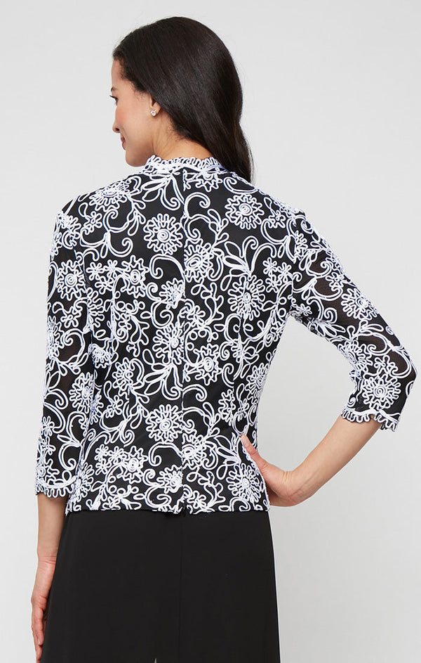 Embroidered Blouse with Center Front Scallop Detail and Illusion Sleeves