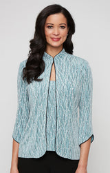 Plus Printed Mandarin Neck Glitter Knit Twinset with Scoop Neck Tank and Satin Piping Detail
