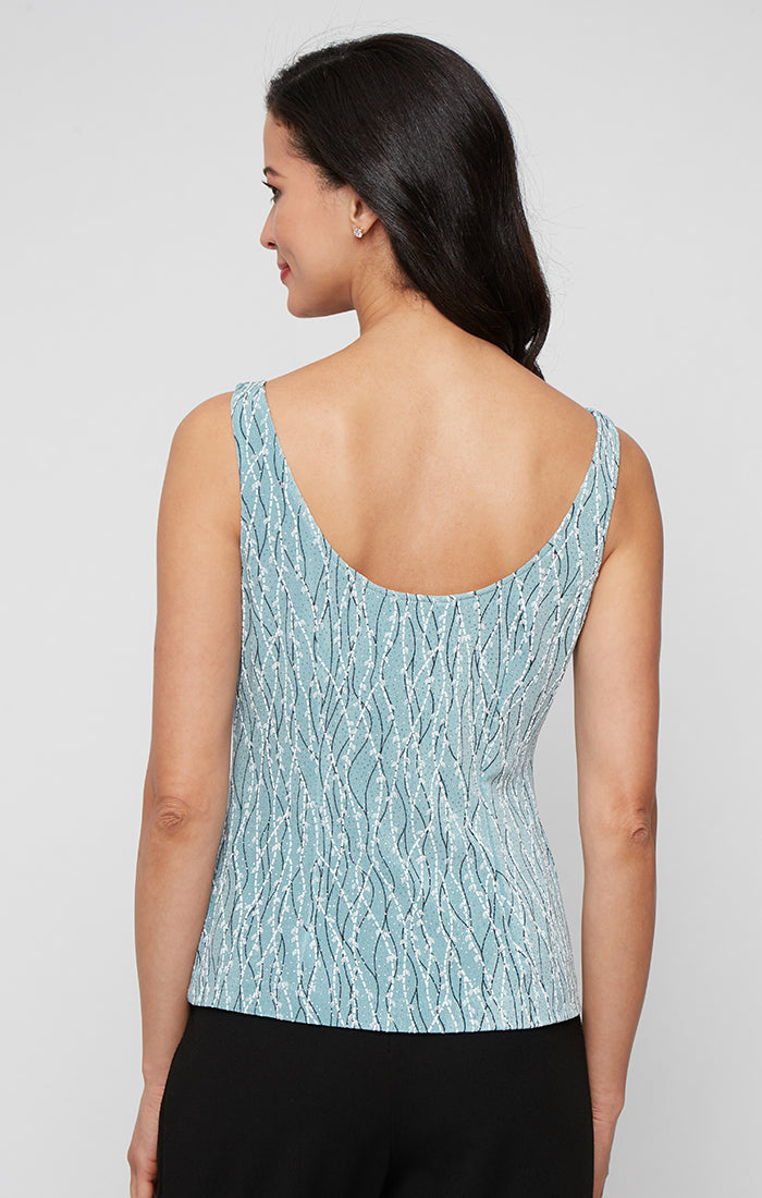 Plus Printed Mandarin Neck Glitter Knit Twinset with Scoop Neck Tank and Satin Piping Detail