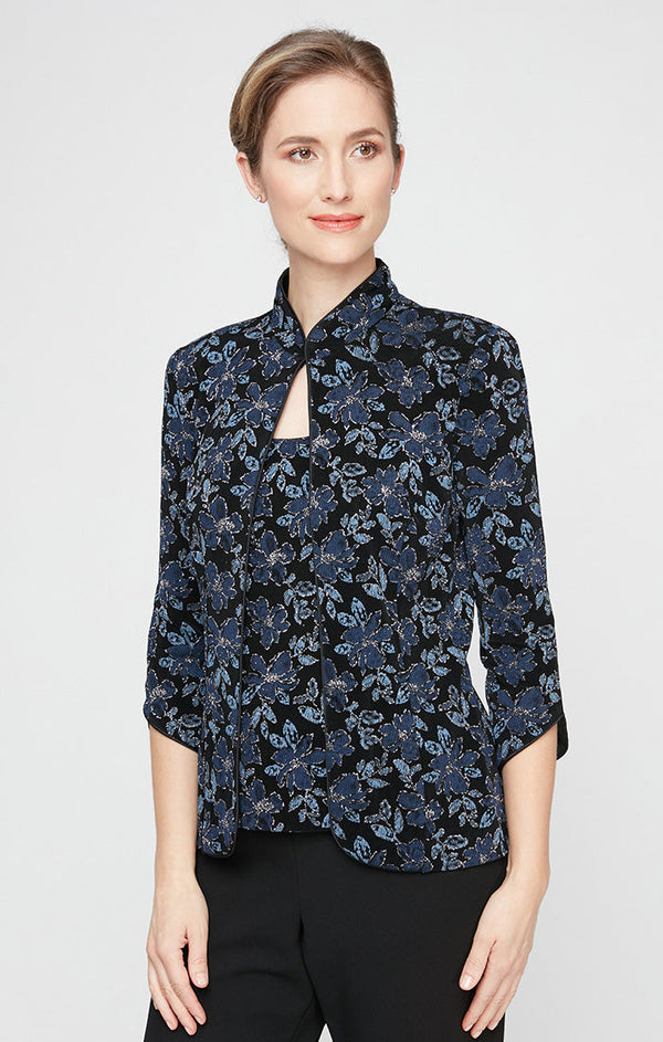 Regular - 3/4 Sleeve Printed Mandarin Neck Glitter Knit Twinset with Scoop Neck Tank and Hook Neck Closure Jacket