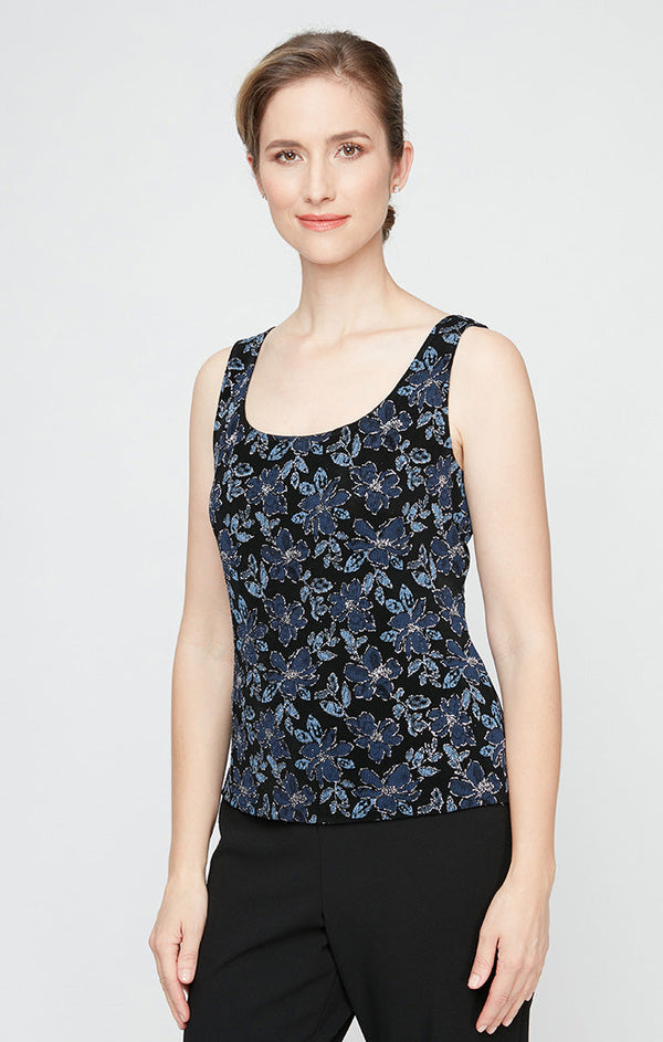 Regular - 3/4 Sleeve Printed Mandarin Neck Glitter Knit Twinset with Scoop Neck Tank and Hook Neck Closure Jacket