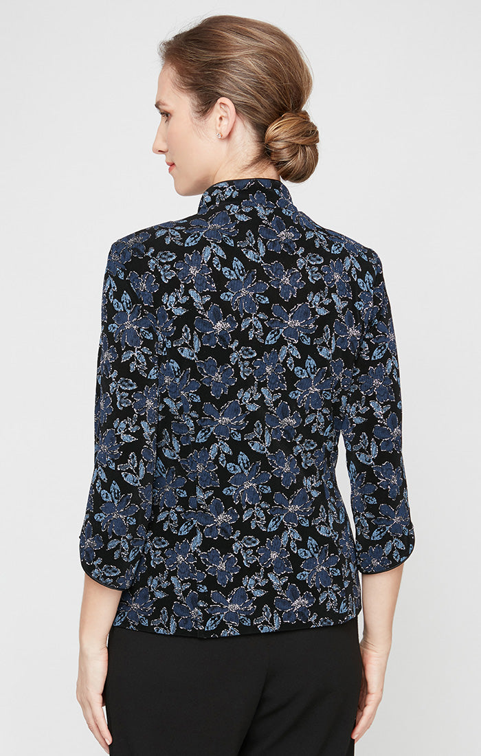 Regular - 3/4 Sleeve Printed Mandarin Neck Glitter Knit Twinset with Scoop Neck Tank and Hook Neck Closure Jacket