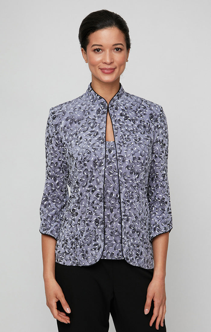 Plus Printed Glitter Twinset with Scoop Neck Tank & Mandarin Neck Jacket