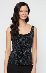 3/4 Sleeve Printed Glitter Slinky Knit Twinset with Scoop Neck Tank and Hook Neck Closure Jacket