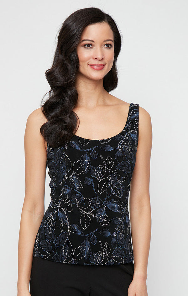 3/4 Sleeve Printed Glitter Slinky Knit Twinset with Scoop Neck Tank and Hook Neck Closure Jacket