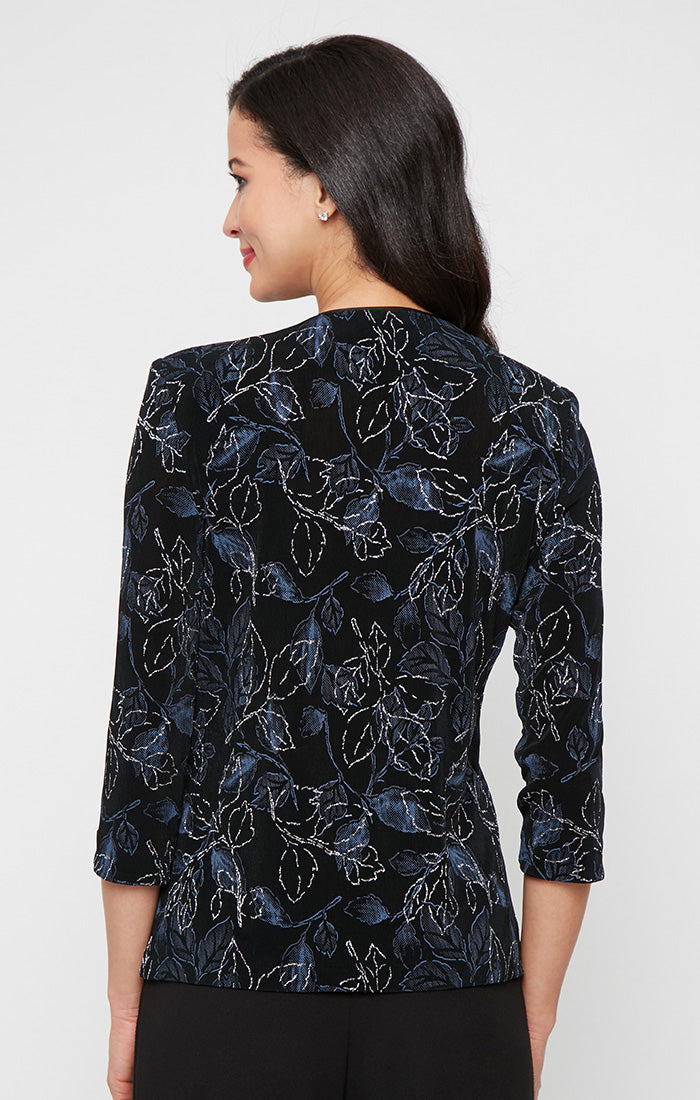 3/4 Sleeve Printed Glitter Slinky Knit Twinset with Scoop Neck Tank and Hook Neck Closure Jacket