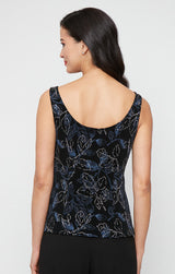 3/4 Sleeve Printed Glitter Slinky Knit Twinset with Scoop Neck Tank and Hook Neck Closure Jacket