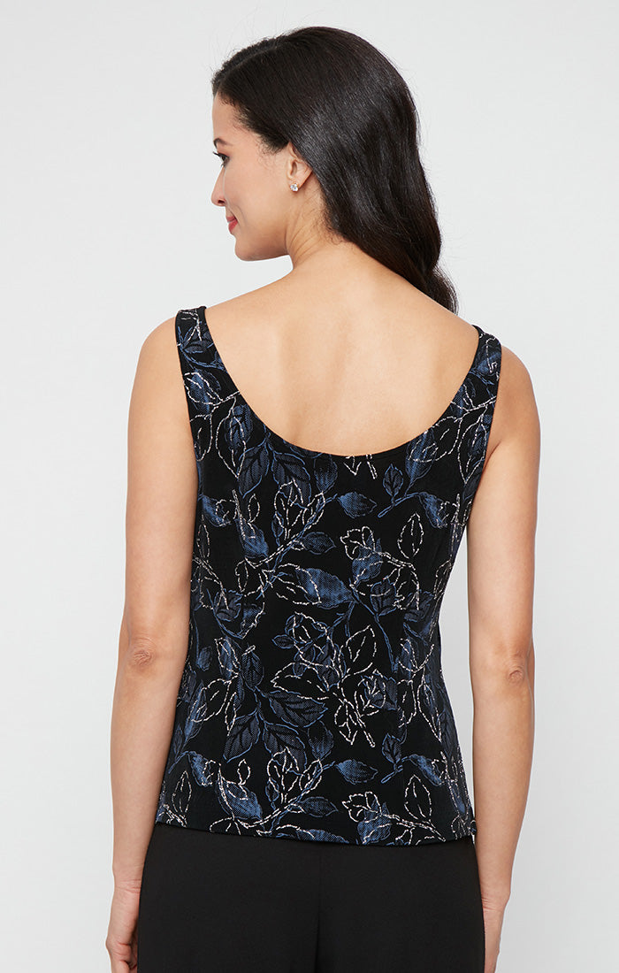 3/4 Sleeve Printed Glitter Slinky Knit Twinset with Scoop Neck Tank and Hook Neck Closure Jacket