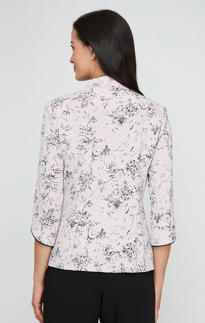 Regular - 3/4 Sleeve Printed Textured Jacquard Knit Twinset with Mandarin Neck Jacket and Scoop Neck Tank