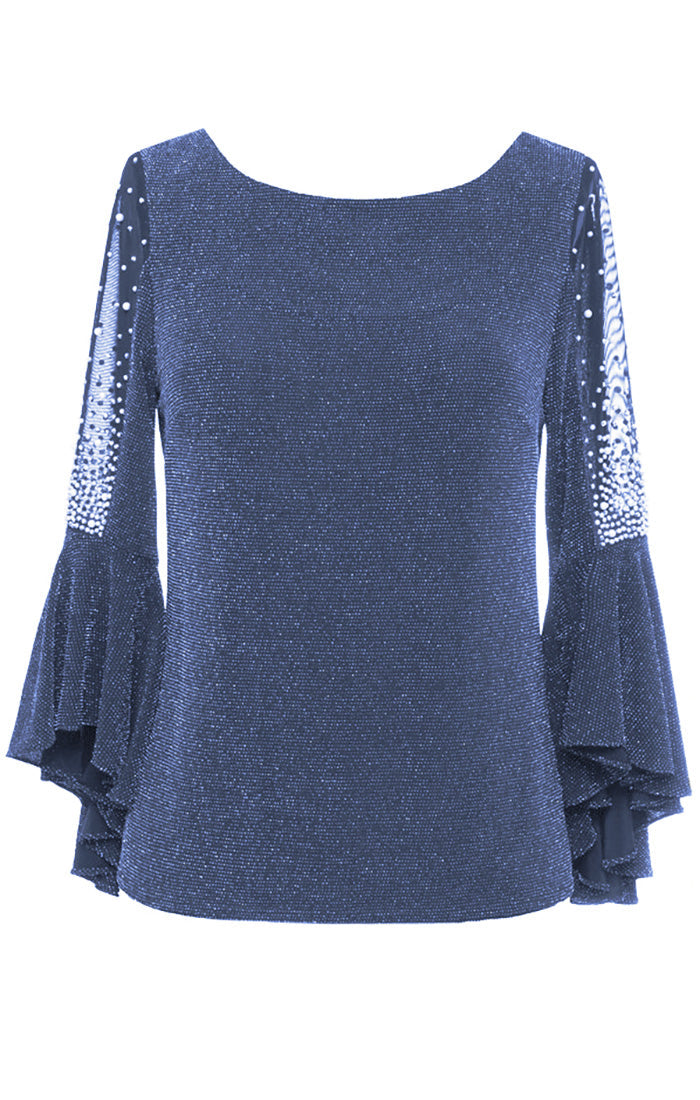 Plus 3/4 Sleeve Blouse With Beaded Illusion Detail and Cascade Bell Sleeves