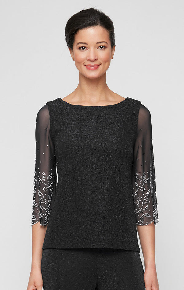Petite 3/4 Sleeve Blouse With Illusion Heat Set Sleeves