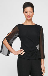 Petite 3/4 Sleeve Blouse with Beaded Detail at Hip and Illusion Sleeves