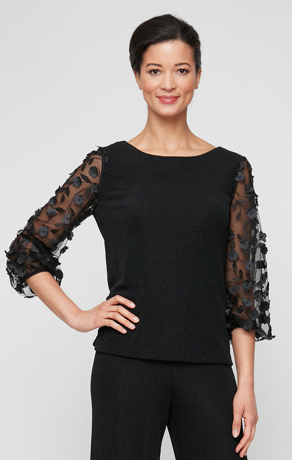Petite 3/4 Sleeve Blouse with 3-D Flower Illusion Sleeves