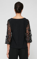 Petite 3/4 Sleeve Blouse with 3-D Flower Illusion Sleeves
