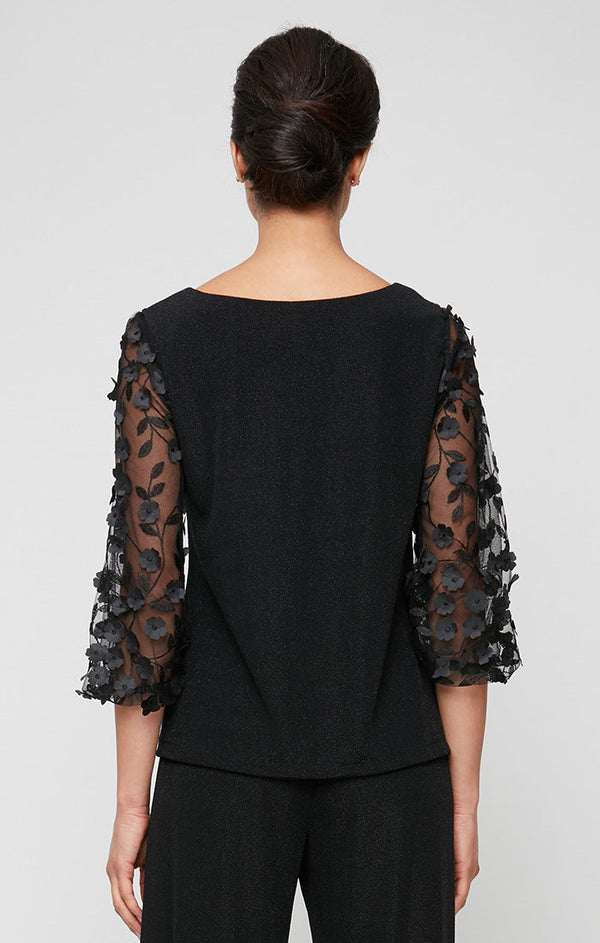 Petite 3/4 Sleeve Blouse with 3-D Flower Illusion Sleeves