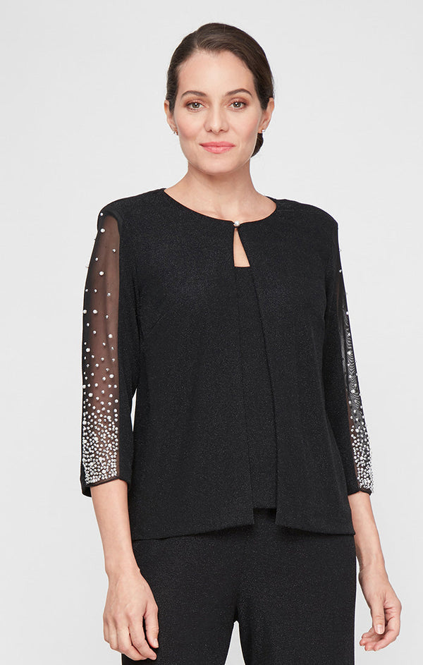 3/4 Sleeve Metallic Knit Mock Twinset with Heat Set Illusion Bell Sleeves and Hook Neck Closure