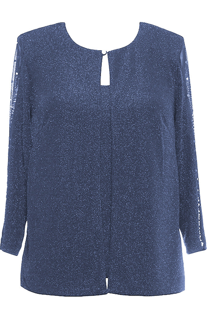 3/4 Sleeve Metallic Knit Mock Twinset with Heat Set Illusion Bell Sleeves and Hook Neck Closure