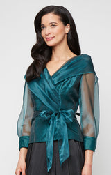 Petite 3/4 Sleeve Organza Blouse with Portrait Collar Neckline, Illusion Sleeves and Tie Waist