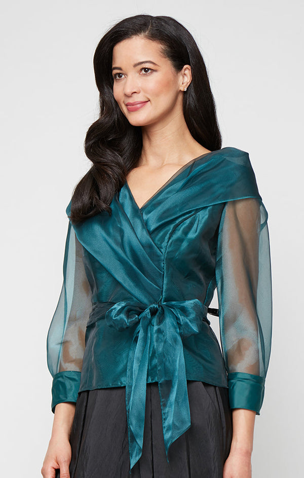 Petite 3/4 Sleeve Organza Blouse with Portrait Collar Neckline, Illusion Sleeves and Tie Waist