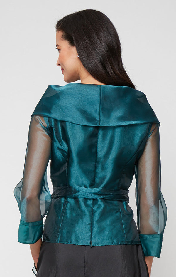 Petite 3/4 Sleeve Organza Blouse with Portrait Collar Neckline, Illusion Sleeves and Tie Waist