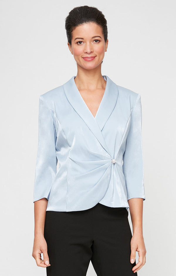 Regular - 3/4 Sleeve Side Closure Blouse with Collar and Decorative Closure