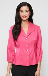 Petite 3/4 Sleeve Stretch Shimmer Blouse with Collar and Center Front Button Closure