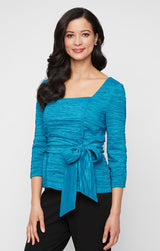 Regular - 3/4 Sleeve Crinkle Stretch Taffeta Blouse with Square Neckline and Tie Belt