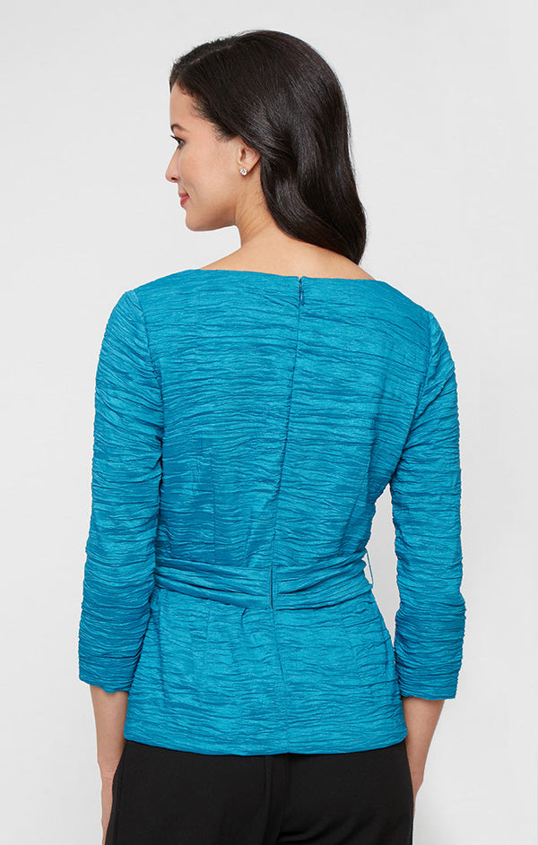 Petite 3/4 Sleeve Crinkle Stretch Taffeta Blouse with Square Neckline and Tie Belt