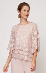 Burnout Chiffon Blouse with Asymmetrical Triple Tier Hem & Illusion Sleeves