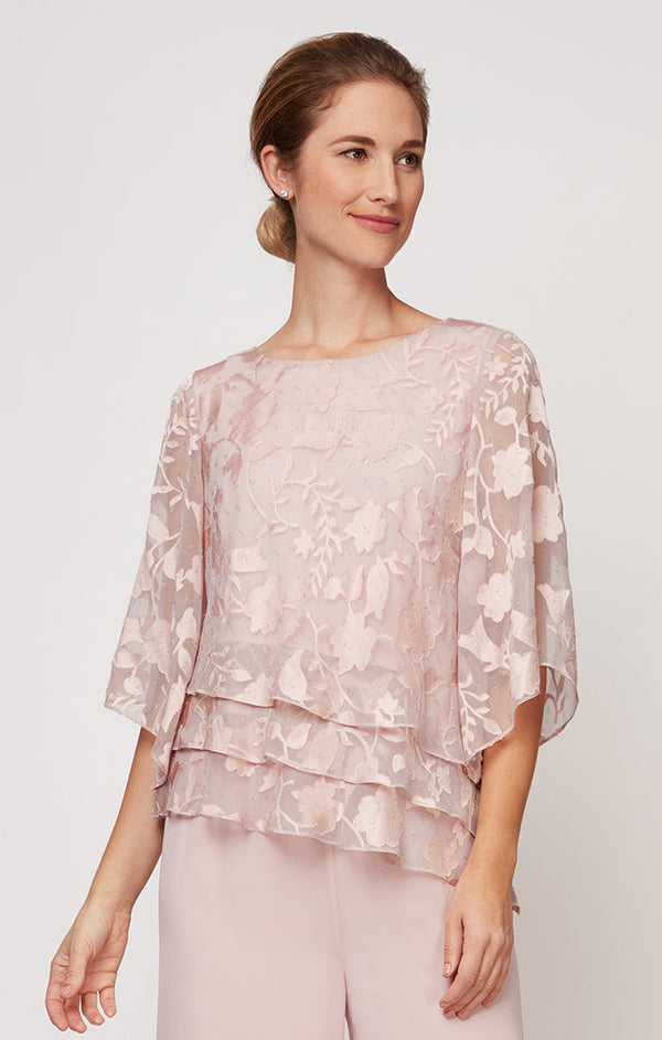 Burnout Chiffon Blouse with Asymmetrical Triple Tier Hem & Illusion Sleeves