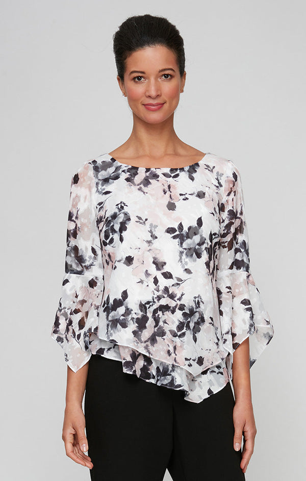Petite 3/4 Sleeve Printed Blouse With Asymmetric Tiered Hem and Pointed Hem Sleeves