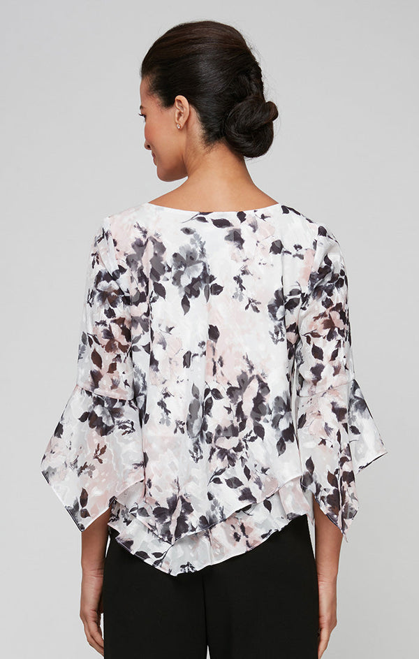 Petite 3/4 Sleeve Printed Blouse With Asymmetric Tiered Hem and Pointed Hem Sleeves