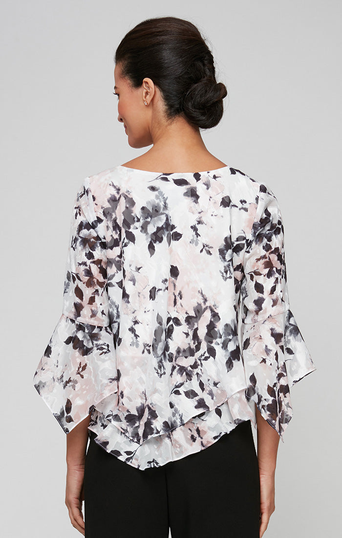 Petite 3/4 Sleeve Printed Blouse With Asymmetric Tiered Hem and Pointed Hem Sleeves