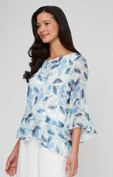 Regular - Printed Chiffon Burnout Blouse with Asymmetric Triple Tier Hem and Bell Sleeves