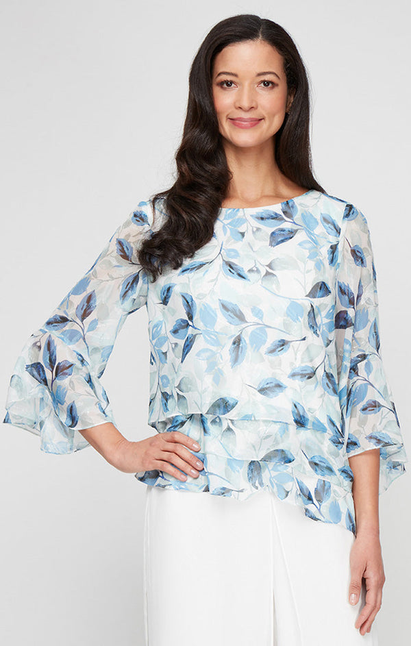 Regular - Printed Chiffon Burnout Blouse with Asymmetric Triple Tier Hem and Bell Sleeves