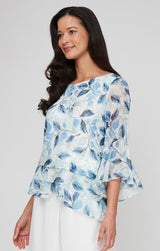 Regular - Printed Chiffon Burnout Blouse with Asymmetric Triple Tier Hem and Bell Sleeves