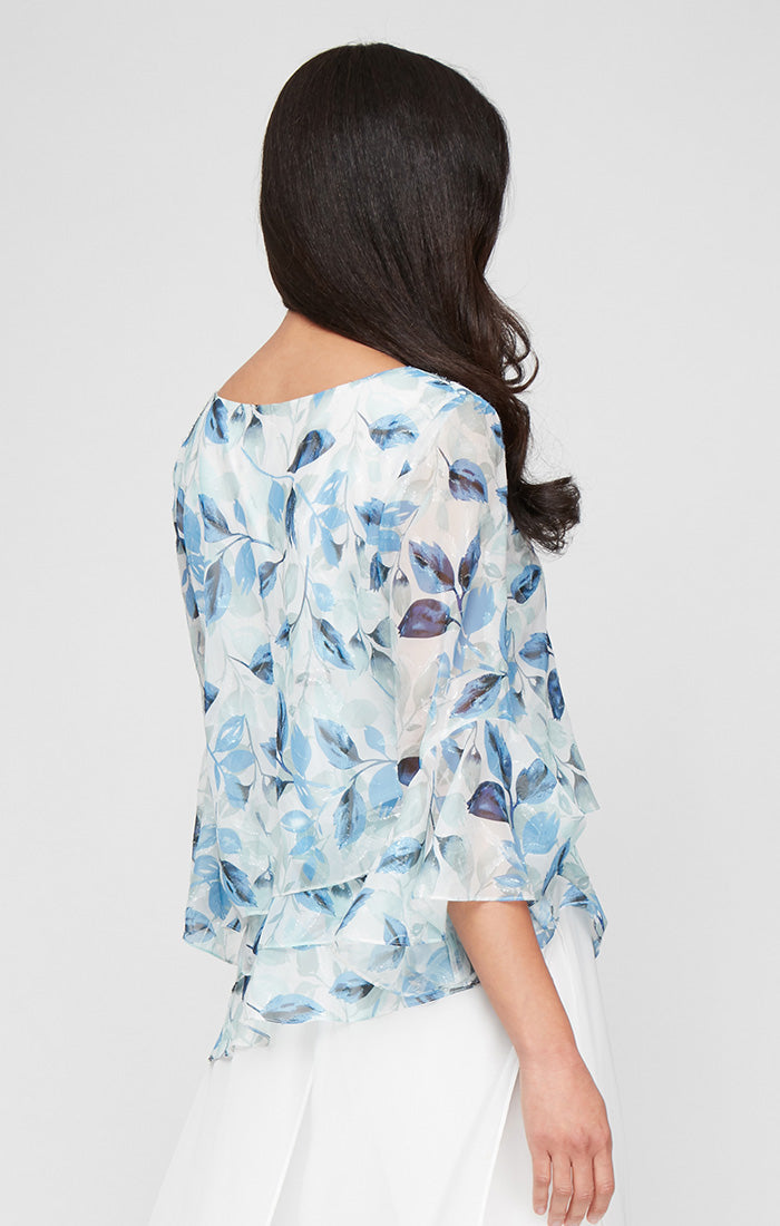 Regular - Printed Chiffon Burnout Blouse with Asymmetric Triple Tier Hem and Bell Sleeves