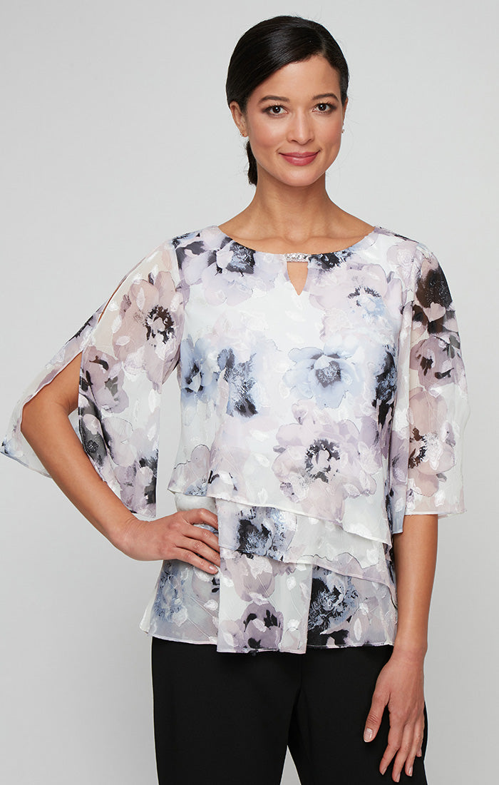 Printed Chiffon Burnout Blouse with Asymmetric Tier Hem Detail and Embellished Cutout Neckline