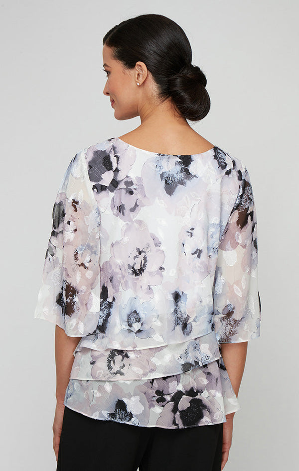 Printed Chiffon Burnout Blouse with Asymmetric Tier Hem Detail and Embellished Cutout Neckline