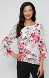 Plus Printed Chiffon Burnout Blouse with Bell Sleeves and Asymmetric Triple Tier Hem