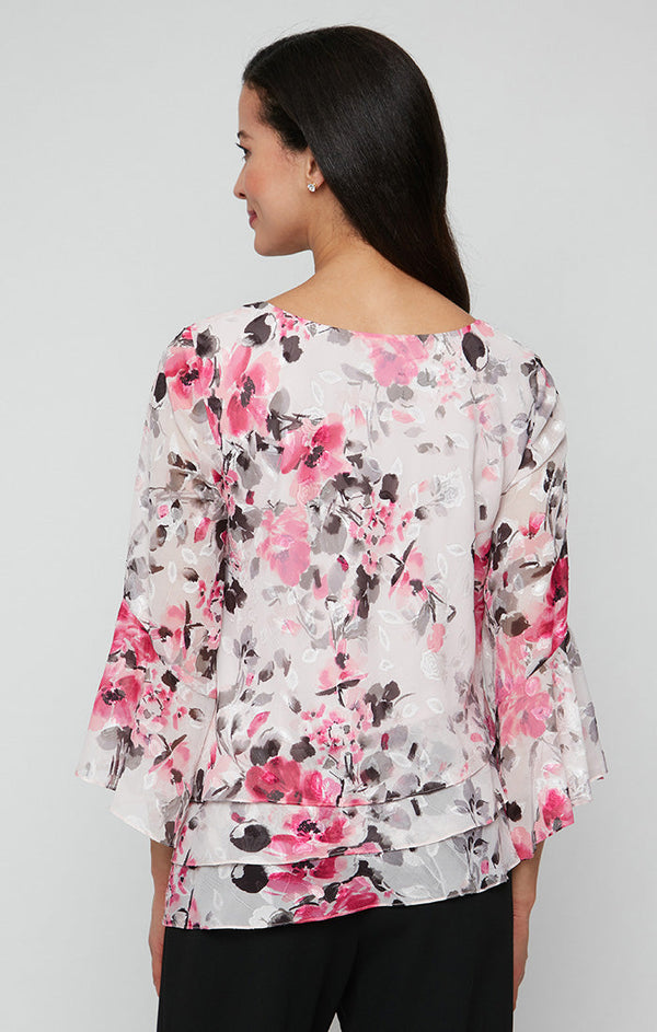 Plus Printed Chiffon Burnout Blouse with Bell Sleeves and Asymmetric Triple Tier Hem