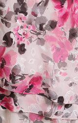 Petite 3/4 Sleeve Printed Chiffon Burnout Blouse with Bell Sleeves and Asymmetric Triple Tier Hem