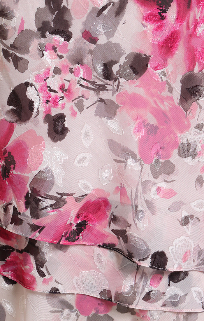 Petite 3/4 Sleeve Printed Chiffon Burnout Blouse with Bell Sleeves and Asymmetric Triple Tier Hem