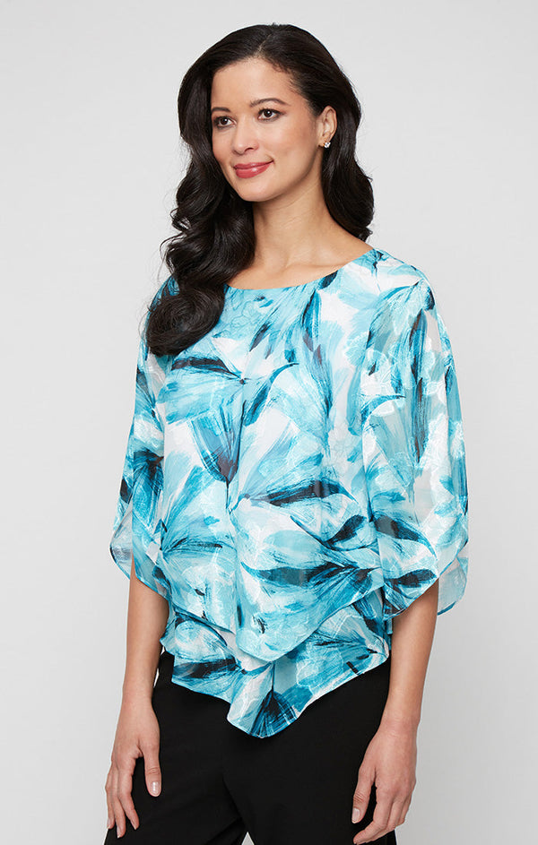 Plus Printed Chiffon Blouse with Asymmetric Double Tier Pointed Hem