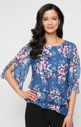 3/4 Sleeve Printed Chiffon Burnout Blouse with Asymmetric Triple Tier Hem