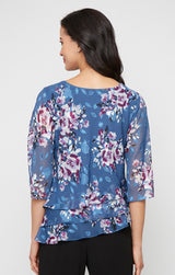 3/4 Sleeve Printed Chiffon Burnout Blouse with Asymmetric Triple Tier Hem