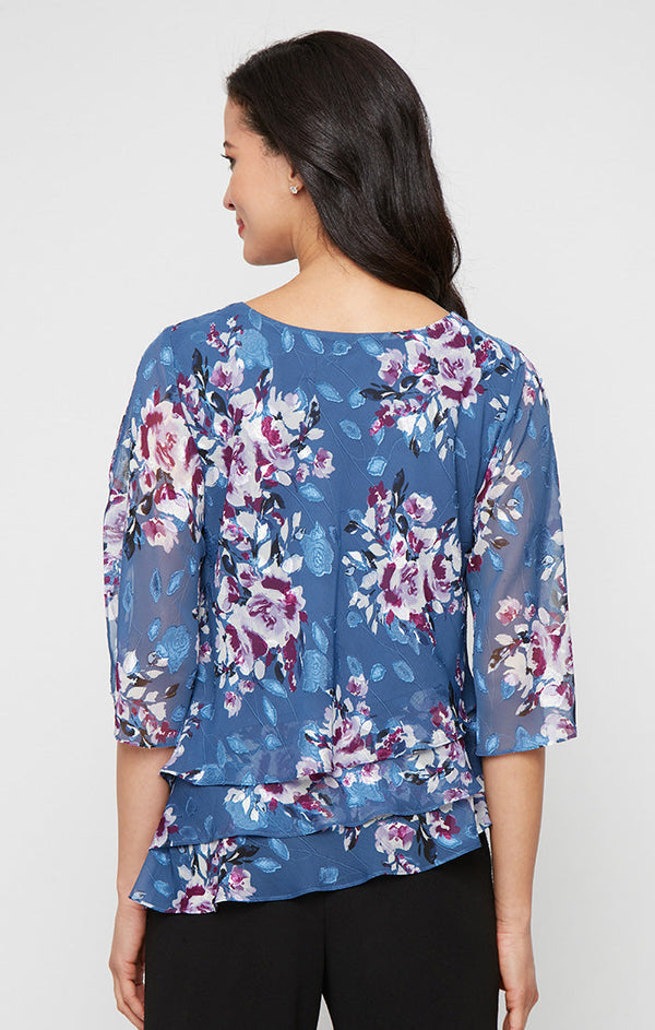 3/4 Sleeve Printed Chiffon Burnout Blouse with Asymmetric Triple Tier Hem
