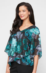 Plus Printed V-Neck Chiffon Burnout Blouse with Tulip Hem